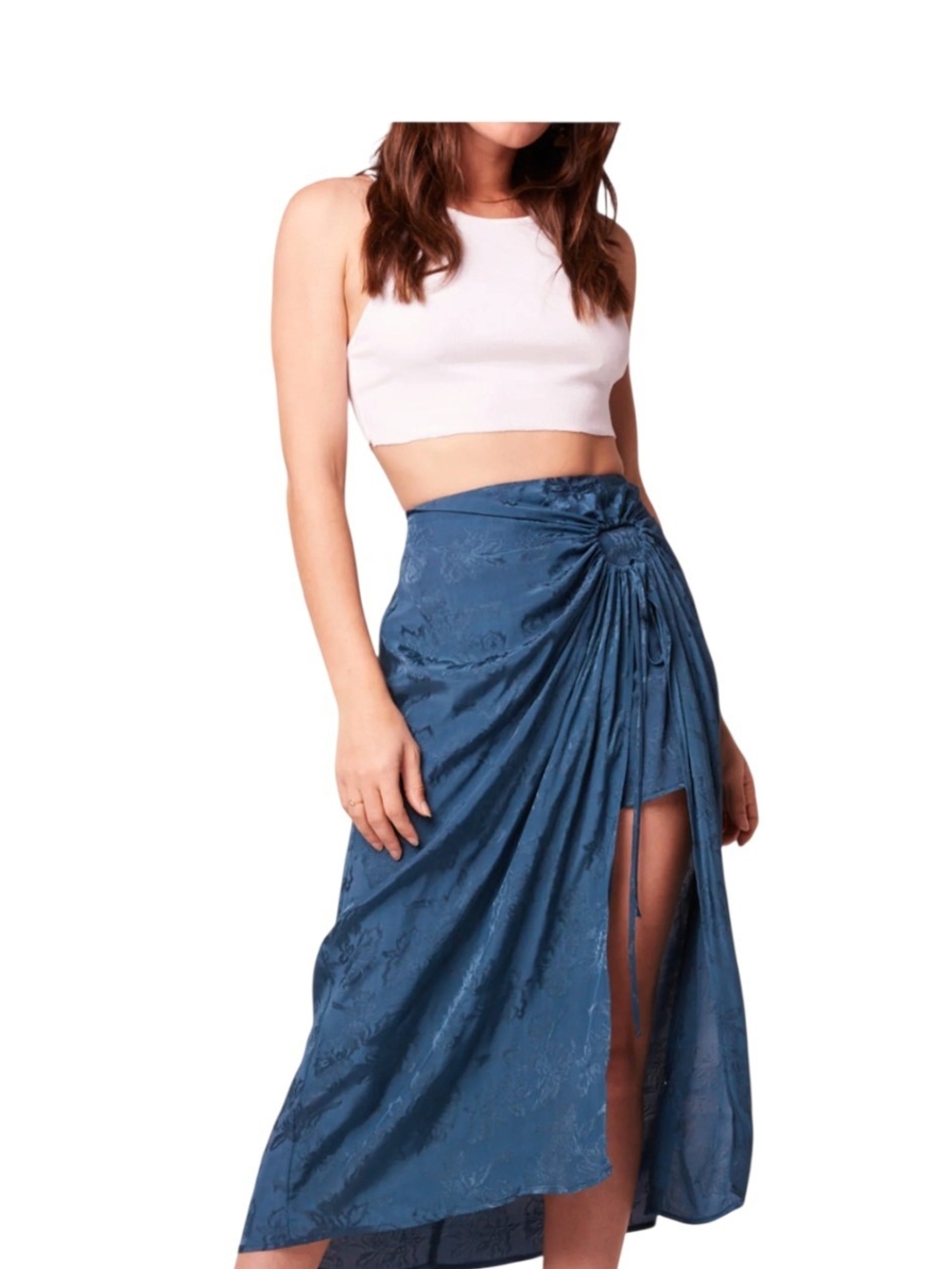 #290 Tie-Detail Blue Midi Skirt with Side Slit